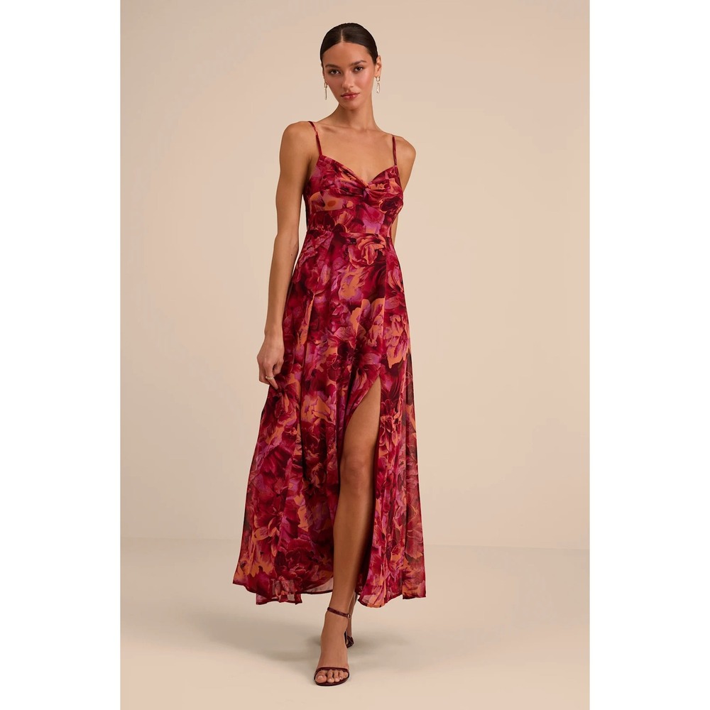 NEW Lulus Beautiful Soul Burgundy Floral Print Twist Front Maxi Dress Size M